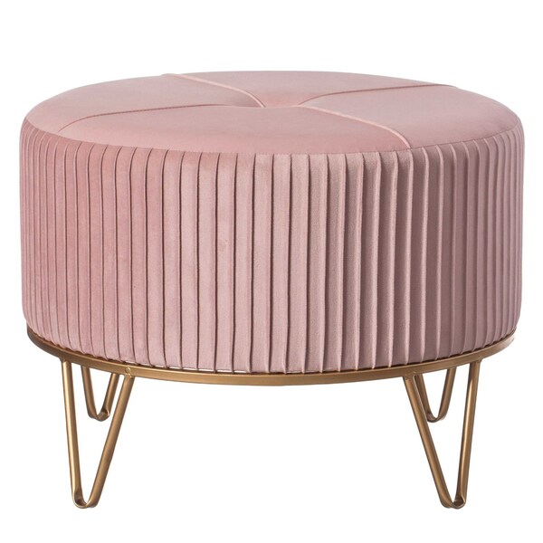 Fabulaxe Round Velvet Ottoman Stool Raised with Hairpin Gold Base, Pink, Large - QI004324.PK.L