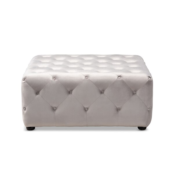 Baxton Studio Calvetti Gray Velvet Upholstered Button-Tufted Cocktail Ottoman - 153-9364