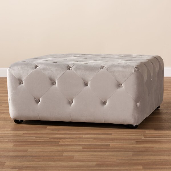 Baxton Studio Calvetti Gray Velvet Upholstered Button-Tufted Cocktail Ottoman - 153-9364
