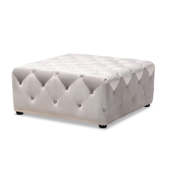 Baxton Studio Calvetti Gray Velvet Upholstered Button-Tufted Cocktail Ottoman - 153-9364