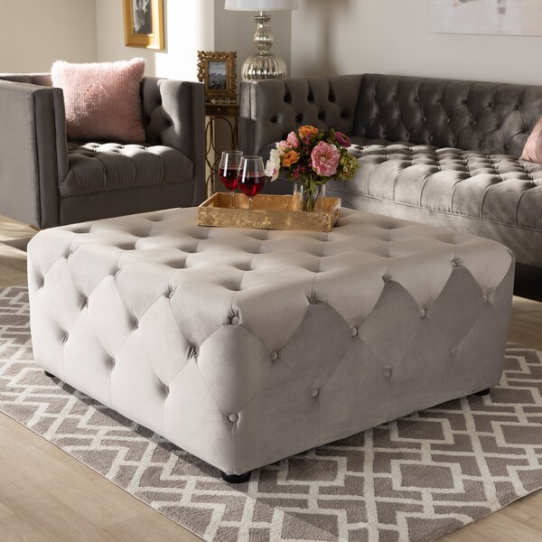 Baxton Studio Calvetti Gray Velvet Upholstered Button-Tufted Cocktail Ottoman - 153-9364
