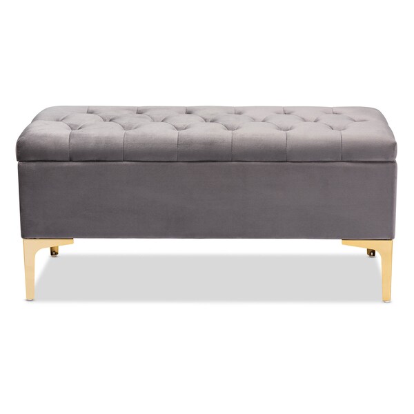 Baxton Studio Valere Grey Velvet Upholstered Gold Finished Tufted Storage Ottoman - 162-10462
