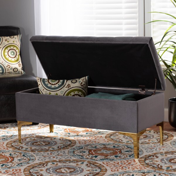 Baxton Studio Valere Grey Velvet Upholstered Gold Finished Tufted Storage Ottoman - 162-10462