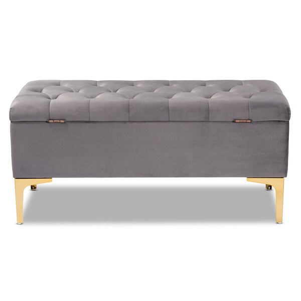 Baxton Studio Valere Grey Velvet Upholstered Gold Finished Tufted Storage Ottoman - 162-10462