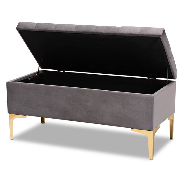 Baxton Studio Valere Grey Velvet Upholstered Gold Finished Tufted Storage Ottoman - 162-10462