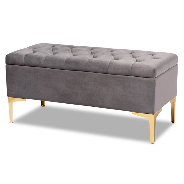 Baxton Studio Valere Grey Velvet Upholstered Gold Finished Tufted Storage Ottoman - 162-10462