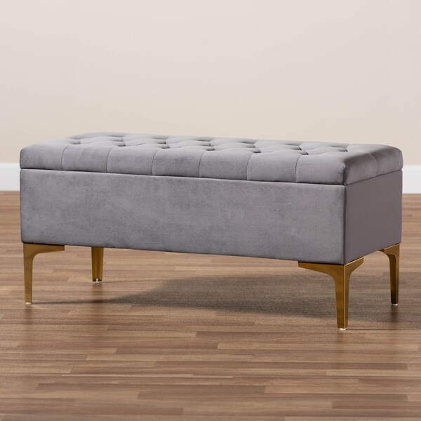 Baxton Studio Valere Grey Velvet Upholstered Gold Finished Tufted Storage Ottoman - 162-10462