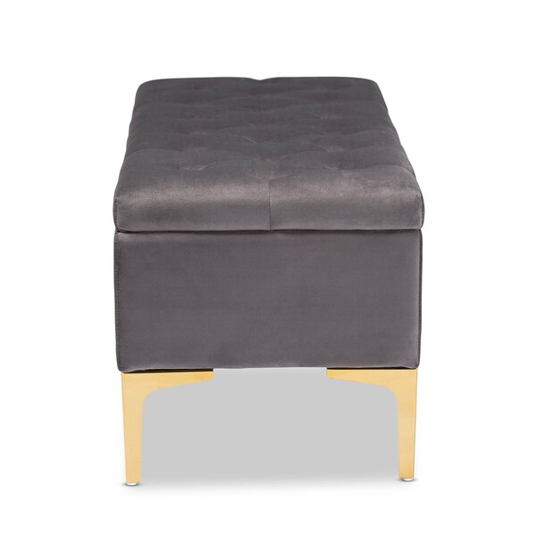 Baxton Studio Valere Grey Velvet Upholstered Gold Finished Tufted Storage Ottoman - 162-10462