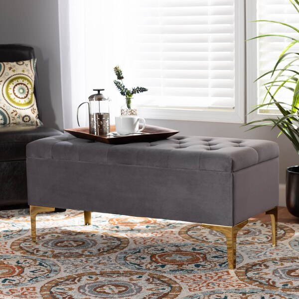 Baxton Studio Valere Grey Velvet Upholstered Gold Finished Tufted Storage Ottoman - 162-10462