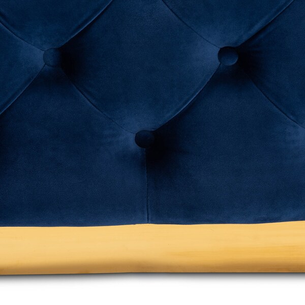 Baxton Studio Verene Blue Velvet Upholstered Gold Finished Square Cocktail Ottoman - 163-10570