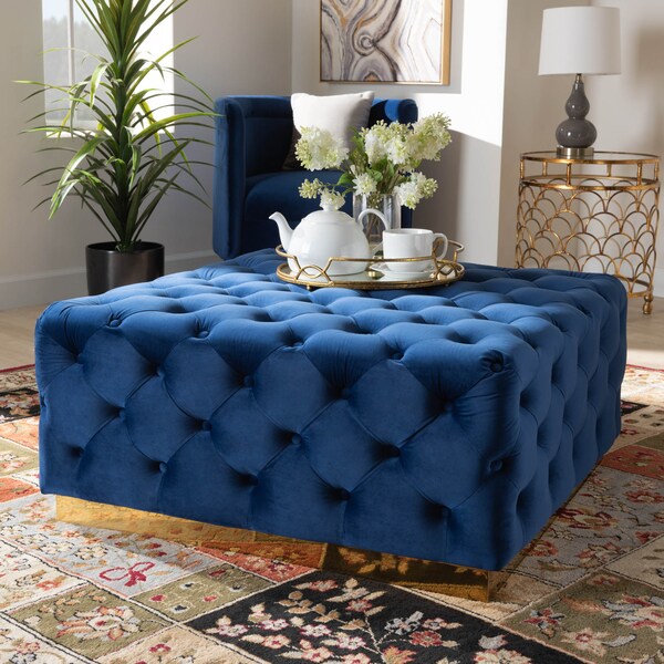 Baxton Studio Verene Blue Velvet Upholstered Gold Finished Square Cocktail Ottoman - 163-10570