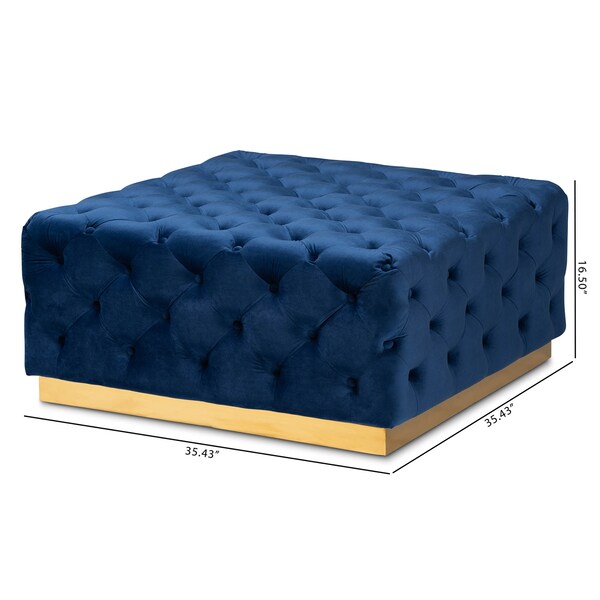 Baxton Studio Verene Blue Velvet Upholstered Gold Finished Square Cocktail Ottoman - 163-10570