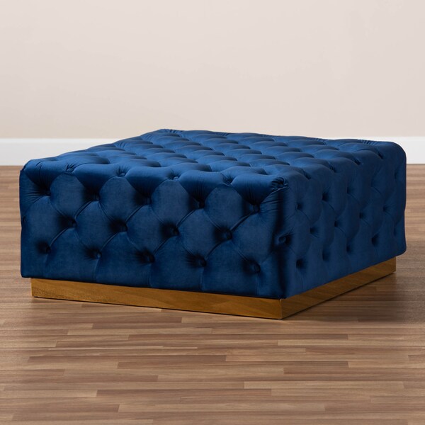 Baxton Studio Verene Blue Velvet Upholstered Gold Finished Square Cocktail Ottoman - 163-10570