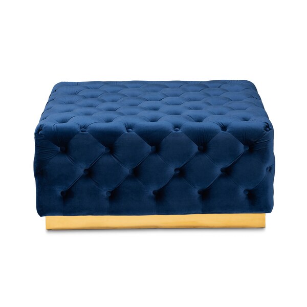 Baxton Studio Verene Blue Velvet Upholstered Gold Finished Square Cocktail Ottoman - 163-10570