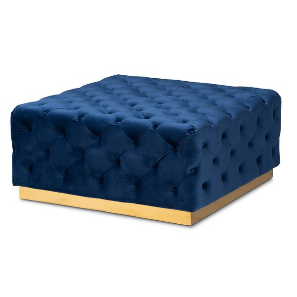 Baxton Studio Verene Blue Velvet Upholstered Gold Finished Square Cocktail Ottoman - 163-10570