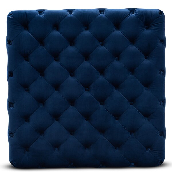 Baxton Studio Verene Blue Velvet Upholstered Gold Finished Square Cocktail Ottoman - 163-10570