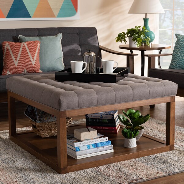 Baxton Studio Alvere Grey Upholstered Walnut Finished Cocktail Ottoman - 159-9618