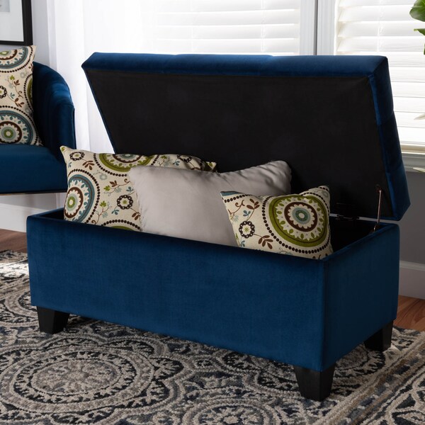 Baxton Studio Michaela Navy Blue Velvet Upholstered Storage Ottoman - 162-10459