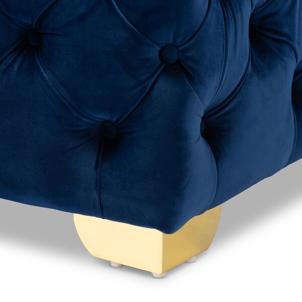 Baxton Studio Avara Blue Velvet Upholstered Gold Finished Button Tufted Ottoman - 153-9371