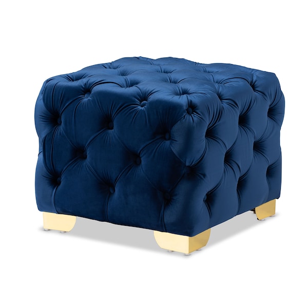 Baxton Studio Avara Blue Velvet Upholstered Gold Finished Button Tufted Ottoman - 153-9371