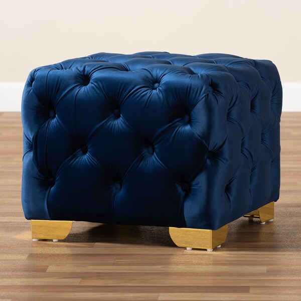 Baxton Studio Avara Blue Velvet Upholstered Gold Finished Button Tufted Ottoman - 153-9371