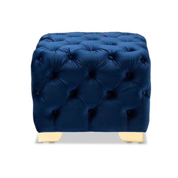 Baxton Studio Avara Blue Velvet Upholstered Gold Finished Button Tufted Ottoman - 153-9371