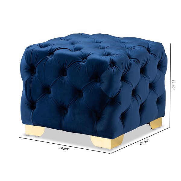Baxton Studio Avara Blue Velvet Upholstered Gold Finished Button Tufted Ottoman - 153-9371