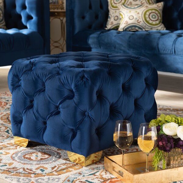 Baxton Studio Avara Blue Velvet Upholstered Gold Finished Button Tufted Ottoman - 153-9371
