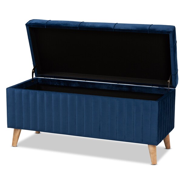 Baxton Studio 39.4 W, 18.9 H, Fabric Velvet "100% Polyester"/Firwood/Foam, Navy Blue/Walnut Brown - 188-11567-ZORO