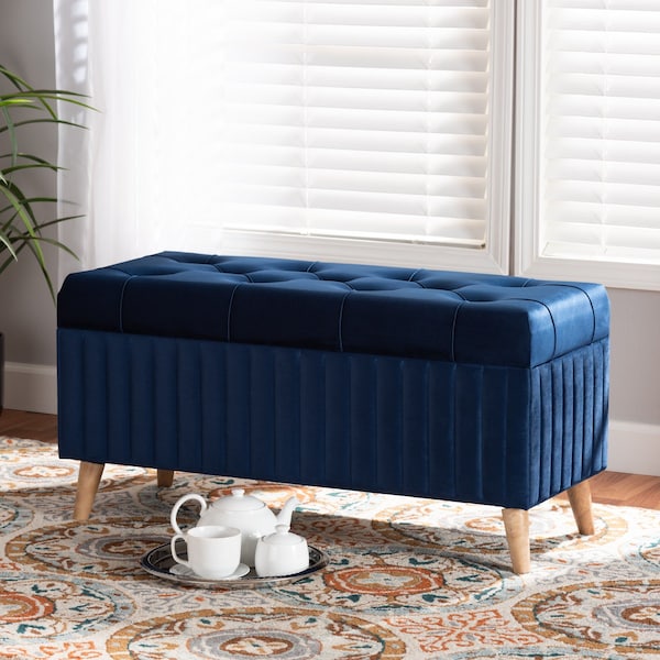 Baxton Studio 39.4 W, 18.9 H, Fabric Velvet "100% Polyester"/Firwood/Foam, Navy Blue/Walnut Brown - 188-11567-ZORO