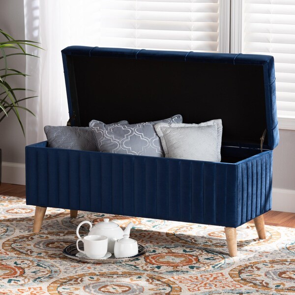 Baxton Studio 39.4 W, 18.9 H, Fabric Velvet "100% Polyester"/Firwood/Foam, Navy Blue/Walnut Brown - 188-11567-ZORO