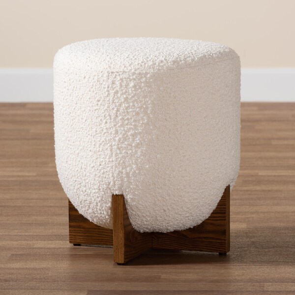 Baxton Studio Fisk Japandi Cream Boucle Fabric and Walnut Brown Finished Wood Ottoman Footstool - 233-13324-ZORO
