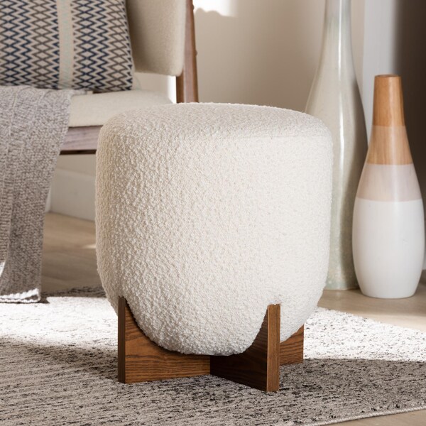 Baxton Studio Fisk Japandi Cream Boucle Fabric and Walnut Brown Finished Wood Ottoman Footstool - 233-13324-ZORO
