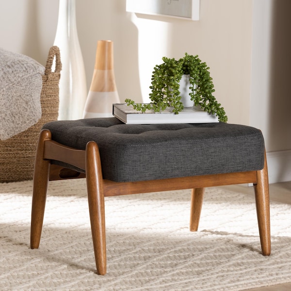 Baxton Studio Jeanine Japandi Dark Grey Fabric and Walnut Brown Finished Wood Ottoman Footstool - 233-13168-ZORO