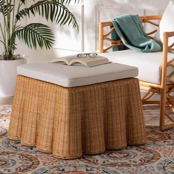 Bali & Pari Palm Bohemian Honey Scallop Rattan Ottoman - 244-13633-ZORO