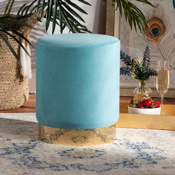 Baxton Studio Chaela Contemporary Glam and Luxe Sky Blue Velvet Upholstered and Gold Finished Metal Ottoman - 198-12208-ZORO