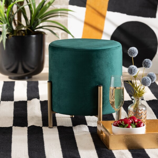Baxton Studio Thurman Contemporary Glam and Luxe Green Velvet Upholstered and Gold Finished Metal Ottoman - 197-12228-ZORO