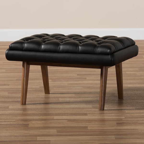 Baxton Studio Annetha Black Upholstered Walnut Finished Wood Ottoman - 144-7934