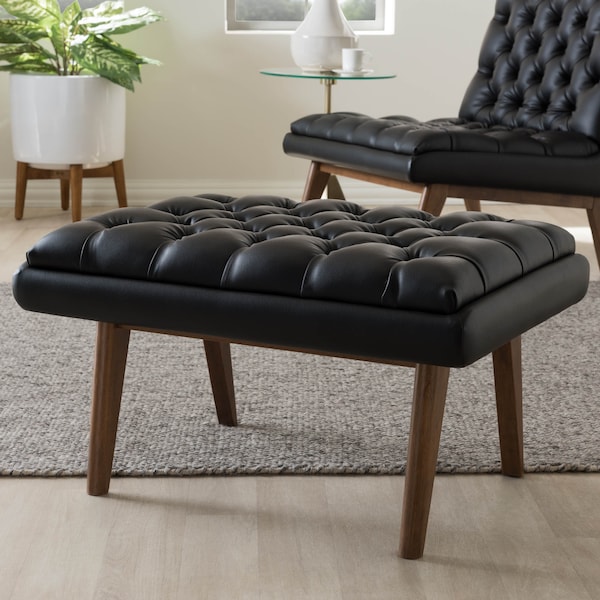Baxton Studio Annetha Black Upholstered Walnut Finished Wood Ottoman - 144-7934