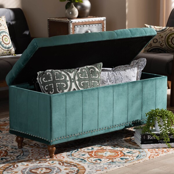 Baxton Studio Kaylee Teal Blue Velvet Upholstered Tufted Storage Ottoman Bench - 160-9936