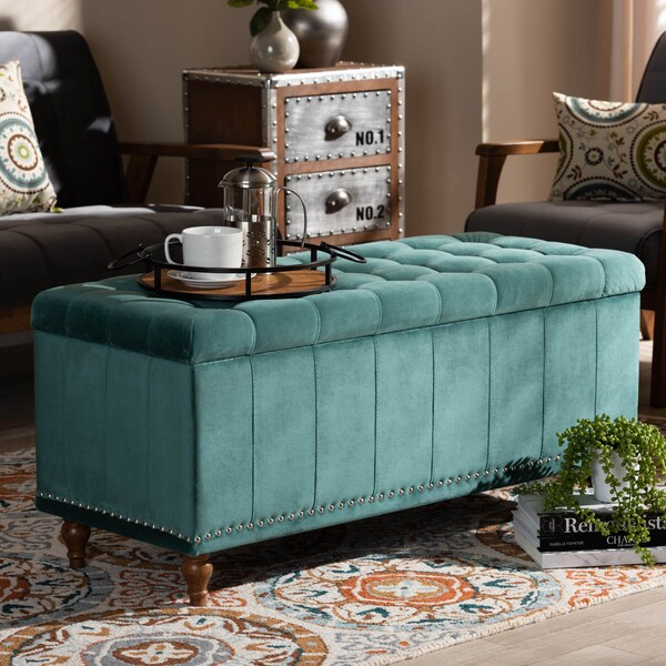Baxton Studio Kaylee Teal Blue Velvet Upholstered Tufted Storage Ottoman Bench - 160-9936