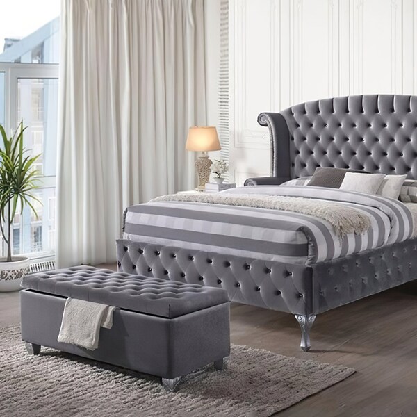 Acme Fabric Tufted Upholstered Ottoman with Storage in Gray - ER-0244GY