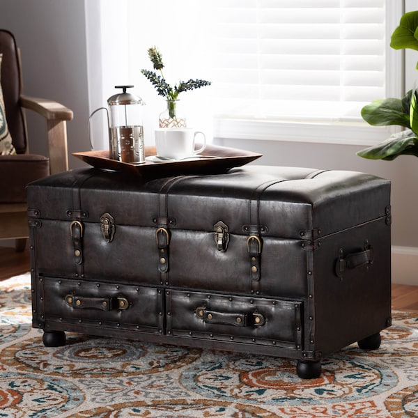Baxton Studio Callum Brown Faux Leather Upholstered 2-Drawer Storage Trunk Ottoman - 162-10517