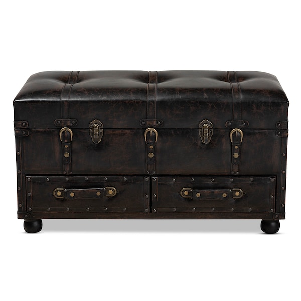 Baxton Studio Callum Brown Faux Leather Upholstered 2-Drawer Storage Trunk Ottoman - 162-10517