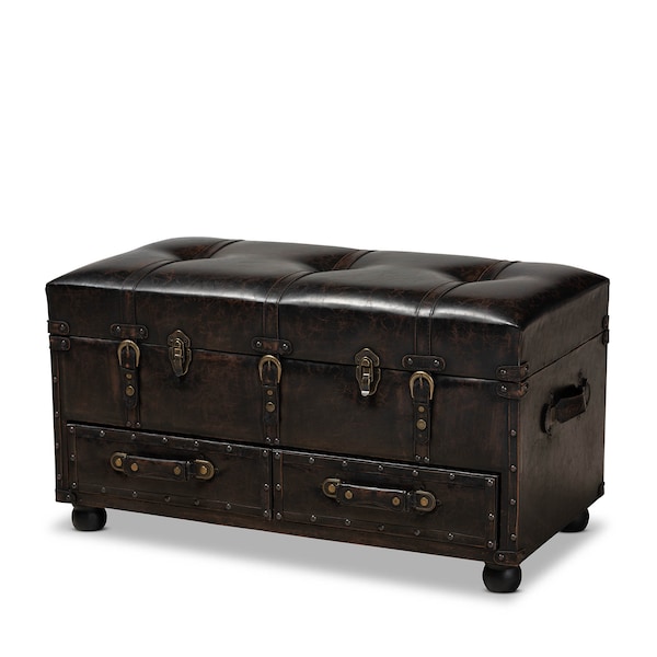 Baxton Studio Callum Brown Faux Leather Upholstered 2-Drawer Storage Trunk Ottoman - 162-10517