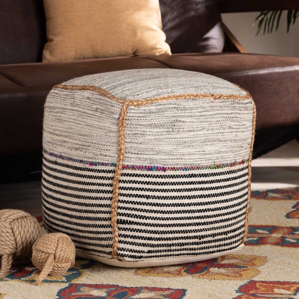 Baxton Studio Arta ModernBohemian Multi-Colored Handwoven Wool Blend Pouf Ottoman - 191-11653-ZORO