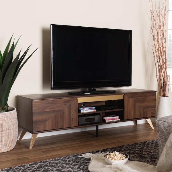 Baxton Studio Graceland Mid-Century Modern Transitional Walnut Brown Finished Wood 2-Door TV Stand - 233-13272-ZORO