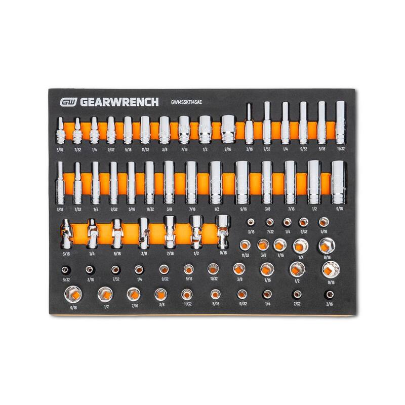 Juego de dados en pulgadas para llave de ¼, estándar y profundos SAE, longitud media, flexibles y de perfil bajo en bandeja de espuma para almacenamiento (68 piezas) - GWMSSKT14SAE