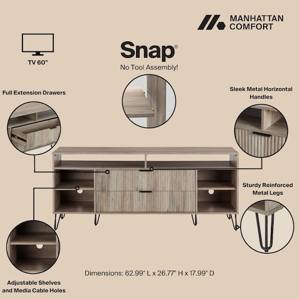 Manhattan Comfort DUMBO 63in TV Stand in Rustic Grey - TV001-GY