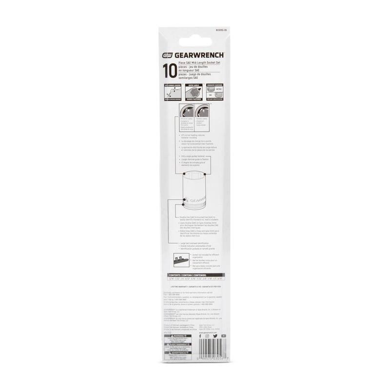 Juego de dados SAE de 1/4 de pulgada de 6 puntos de longitud media GEARWRENCH de 10 piezas - 80305S-06